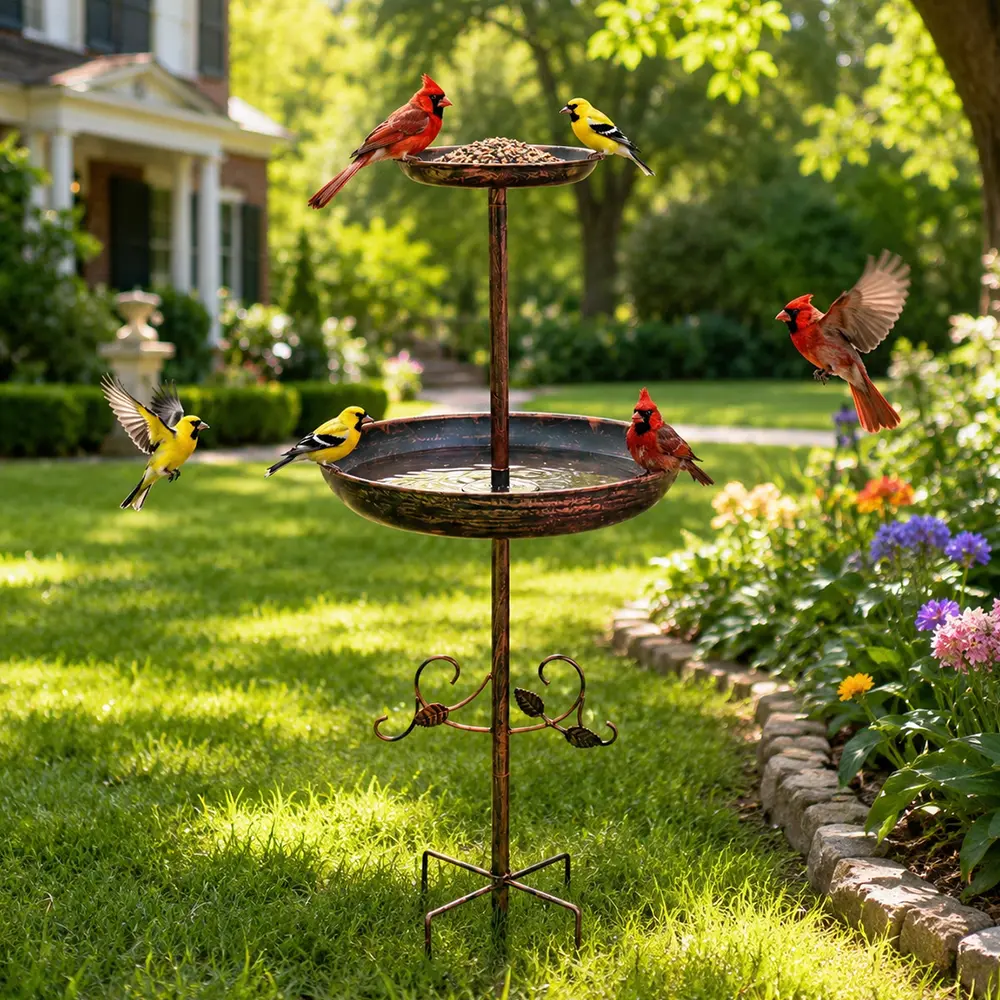 2-Tier Extra Large Freestanding Metal Bird Bath & Feeder Combo (1×2-Tier Bird Bath Feeder Stand), 17cm/6in Bowl, 39cm/15.4in Sturdy 5-Prong Ground Stake Base, Vintage Rustic Outdoor Station with All Assembly Parts for Backyard Garden Decor, Finch, Cardina