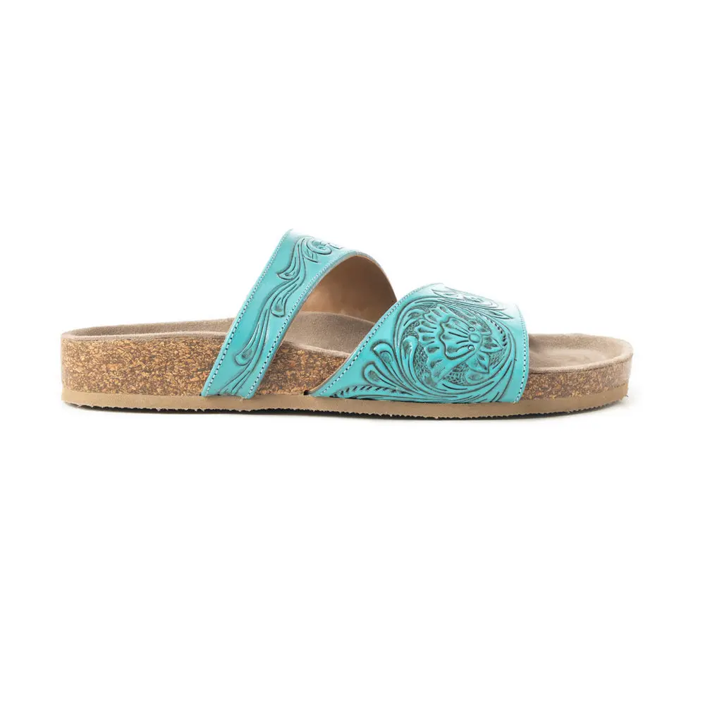 Women's Minimalist Elegant Sandals, Tooled Floral Leather Beach Slides with 3 Contoured Straps and Rubber Sole, Beach Slides Sandals, Minimalist Sandals
