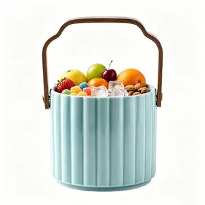 Wooden Handle Ceramic Bowl Tableware Basket - Handmade Rustic Serving Holder for Home Kitchen Decor, Portable Party Ice Bucket