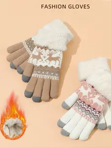 Women's Thick Fleece Deer Gloves, Winter Knitted Five-Finger Touchscreen Warm Woolen Mitts, Cute Cartoon Korean Style for Students Cycling
