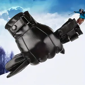 QinHoLy Men'S Winter Warm Gloves - Adjustable Pull-On Cycling & Skiing Mittens with Ergonomic Design, Durable Synthetic Faux Leather, Black, Ideal for Outdoor Sports & Cold Weather Activities, Winter Sports Gear| Ergonomic Glove Design| Synthetic Faux Lea