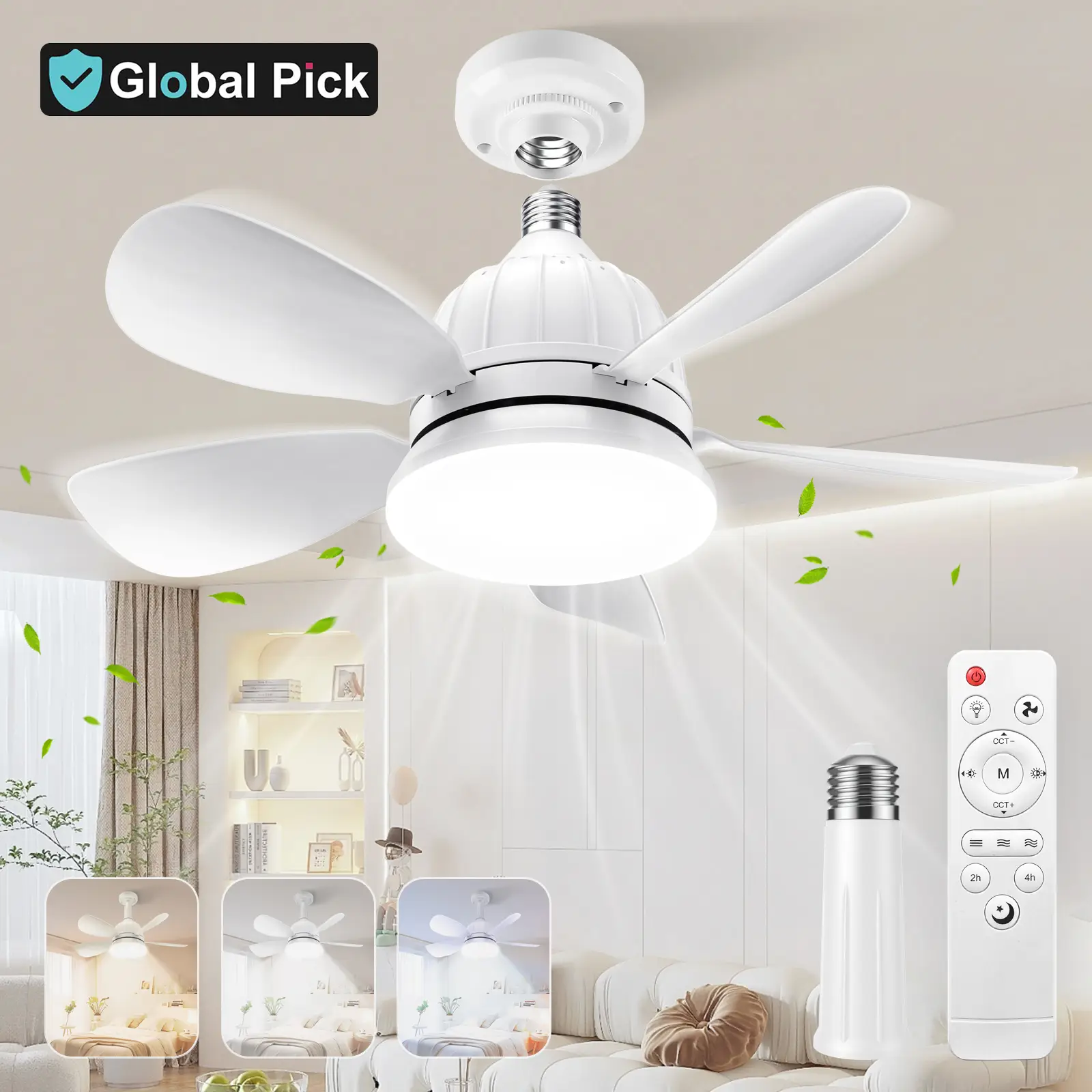 Socket Ceiling Fan Light with Remote Control, E27 Base Dimmable LED Energy-saving Lights with 3-Speed Wind Adjustment, Replacement for Lightbulb Base