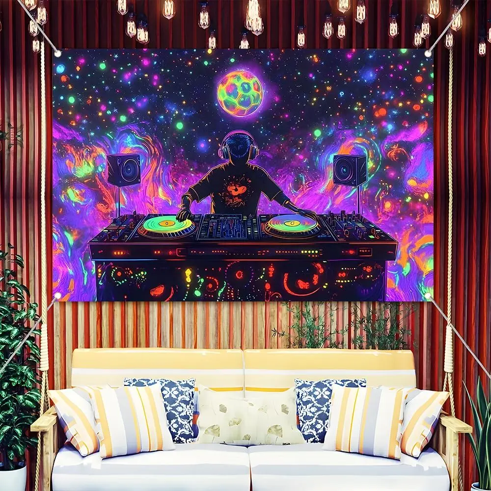 Neon Galaxy DJ Backdrop Banner, Tapestry, Music Festival Party Decorations, Psychedelic Space DJ Wall Hanging, Durable Polyester Fabric Photo Booth Prop, Reusable Easy to Clean, Perfect for Rave Party, Birthday, Club Event