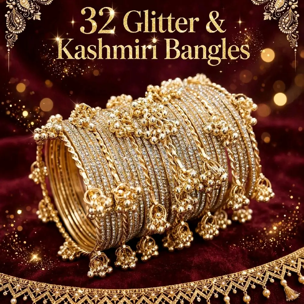 Women's Kashmiri Ghungroo Fashionable Bracelets (8-Set) - Gold-Accented Metal Bangles, 24 Dangling Charms, 32 Total Pieces, Female Jewelry Accessory for Semi-Formal Occasions & Anniversaries, Sizes 2.4, 2.6, 2.8