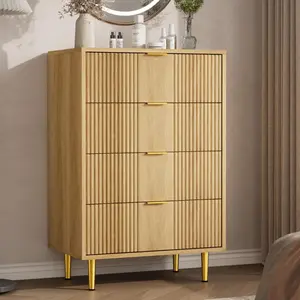 OP-Modern Fluted Dresser for Bedroom – Tall Wooden Chest, Space-Saving Clothes Organizer with Metal Handles, 4/5/6 Drawers, Perfect for Bedroom, Living Room, Nursery or Hallway – White & Olive Green&Wood