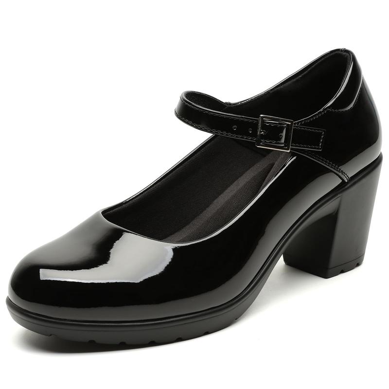 Women's Mary Jane Shoes, Round - Toe Chunky - Heel High - Heels with a 7CM Heel, Ankle - Strap Leather Casual High - Heels, Suitable for Formal Attire, Formal Occasions, Business and Suits Footwear Girl