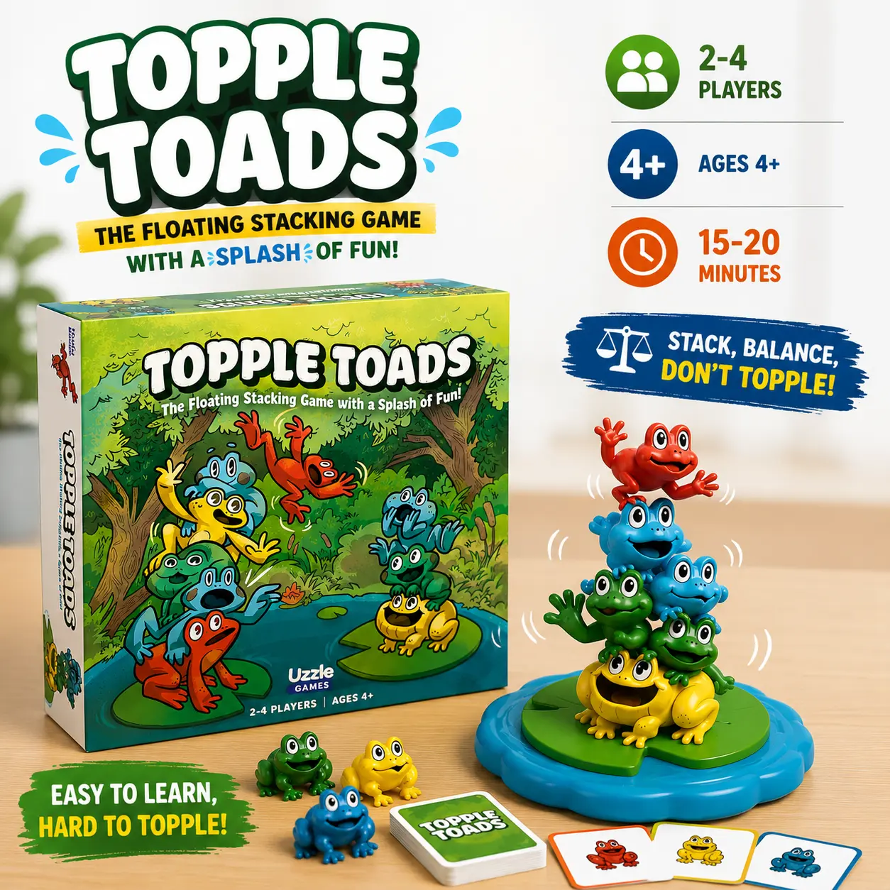 Uzzle Games Topple Toads – Floating Stacking Board Game for Kids & Families | Ages 4+ | Fun Skill & Balance Game