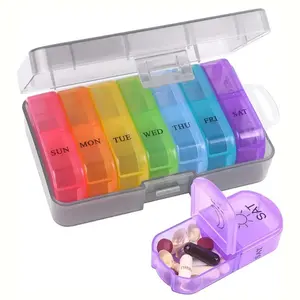 A portable 7-day medicine organizer box with 14 compartments and removable storage dividers, ideal for everyday use and travel.