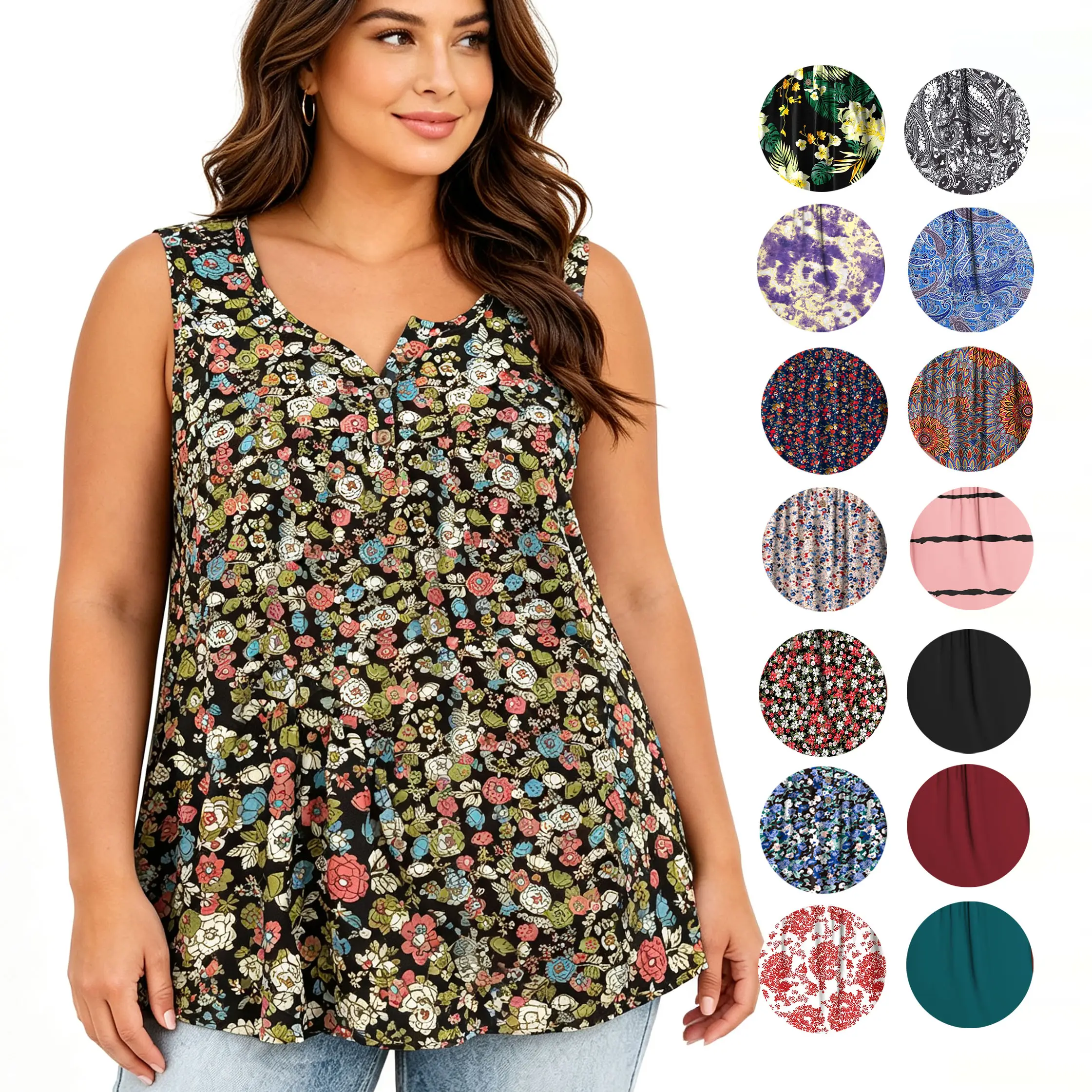 Women's Plus Size Floral Henley Sleeveless V-Neck Tank Tops Soft Breathable Fabric Loosefitting Fit Pleated Front Flow Big Arm Friendly Summer Casual Button Tees 14W-28W RPS2103 Printed Tops