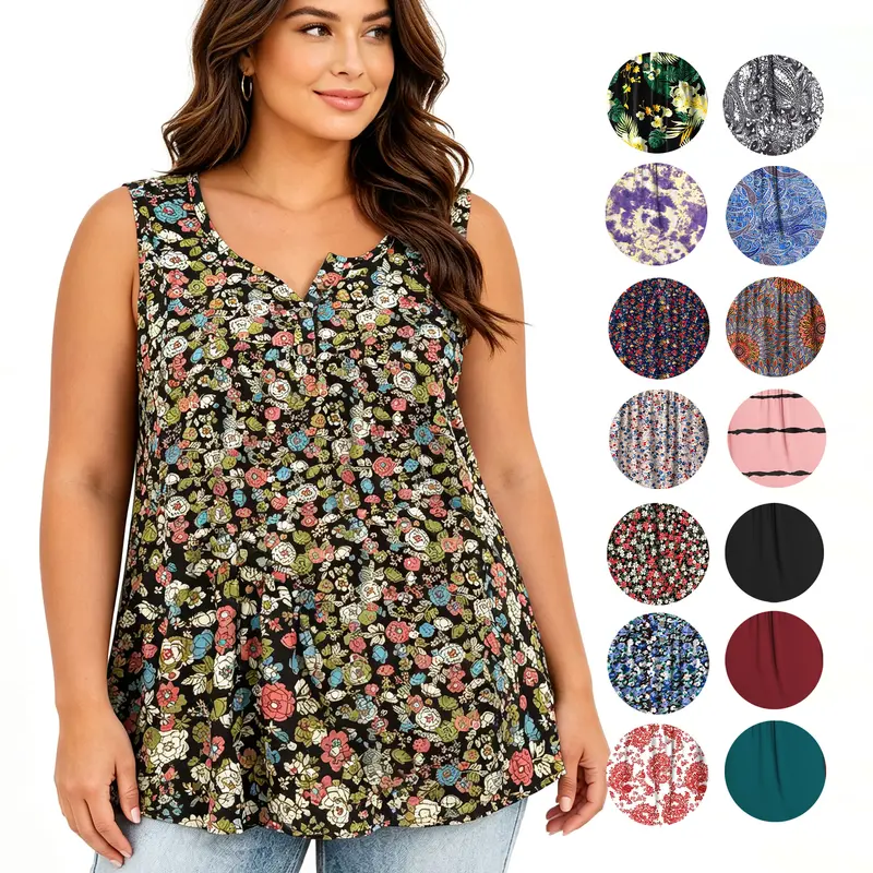 Women's Plus Size Floral Print Henley Sleeveless V-Neck Tank Tops - Soft, Breathable, Lightweight Fabric, Loose Fit, Pleated Front, Big Arm Friendly, Elegant (Elegance) Tops for Summer Casual - Sizes 14W,16W,20W,22W,24W,26W,28W (RPS2103) Button Tees