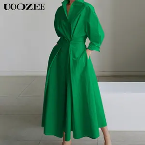 UOOZEE women's long-sleeved loose solid color lapel mid-length dress, waist design, comfortable and elegant, a must-have for commuting and formal occasions Casual Womenswear Springtok Basic