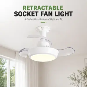 EIFFITENGE Retractable Ceiling Fan Light with Remote, 3 Color Dimmable LED, Modern Invisible Ceiling Fan for Bedroom & Living Room