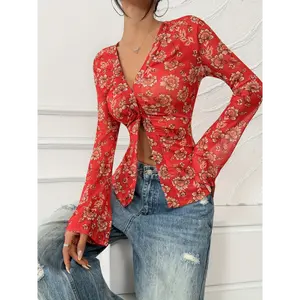 DP031498 Bohemian Vacation Elegant Mesh Print Blouse Fashion Simple Women's Casual Top