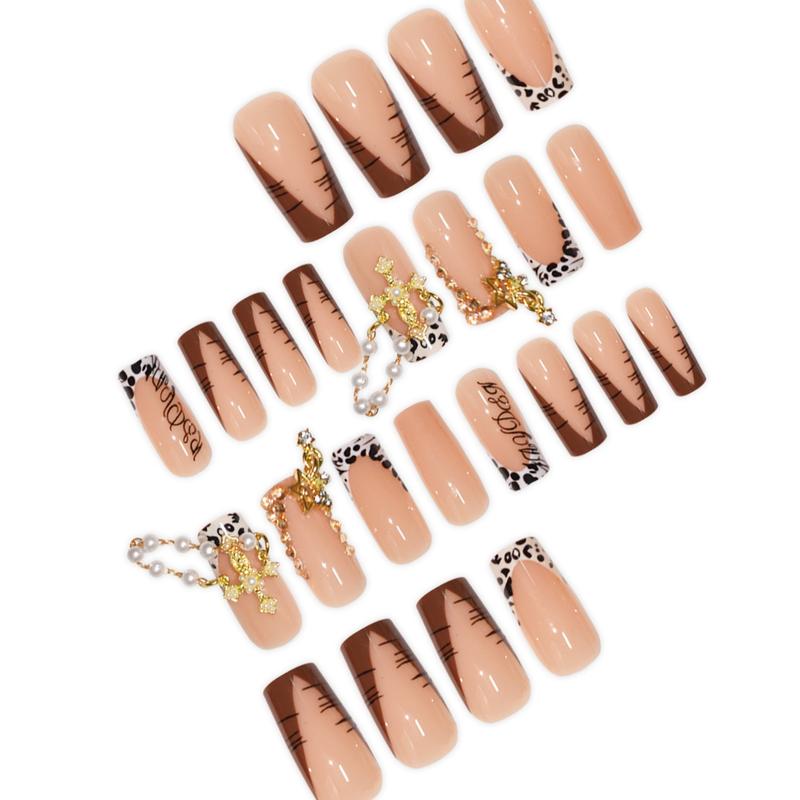 24 Piece Glossy and Leopard Print Press-On Nails with Cross Charm, Pearl Chain and Bling Rhinestone Decoration, Reusable Self-Adhesive Nail Kit for Party and Night Glamour