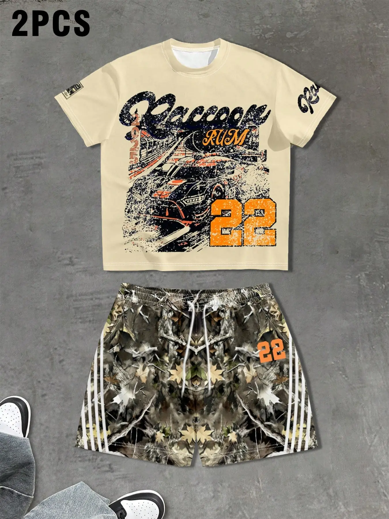 Retro Racing Car Print 2PCS Outfit | Raccoon Rum 22 Vintage Tee + Camo Shorts Set | Baggy Streetwear, Y2K Aesthetic Summer Casual Matching Set for Men/Women