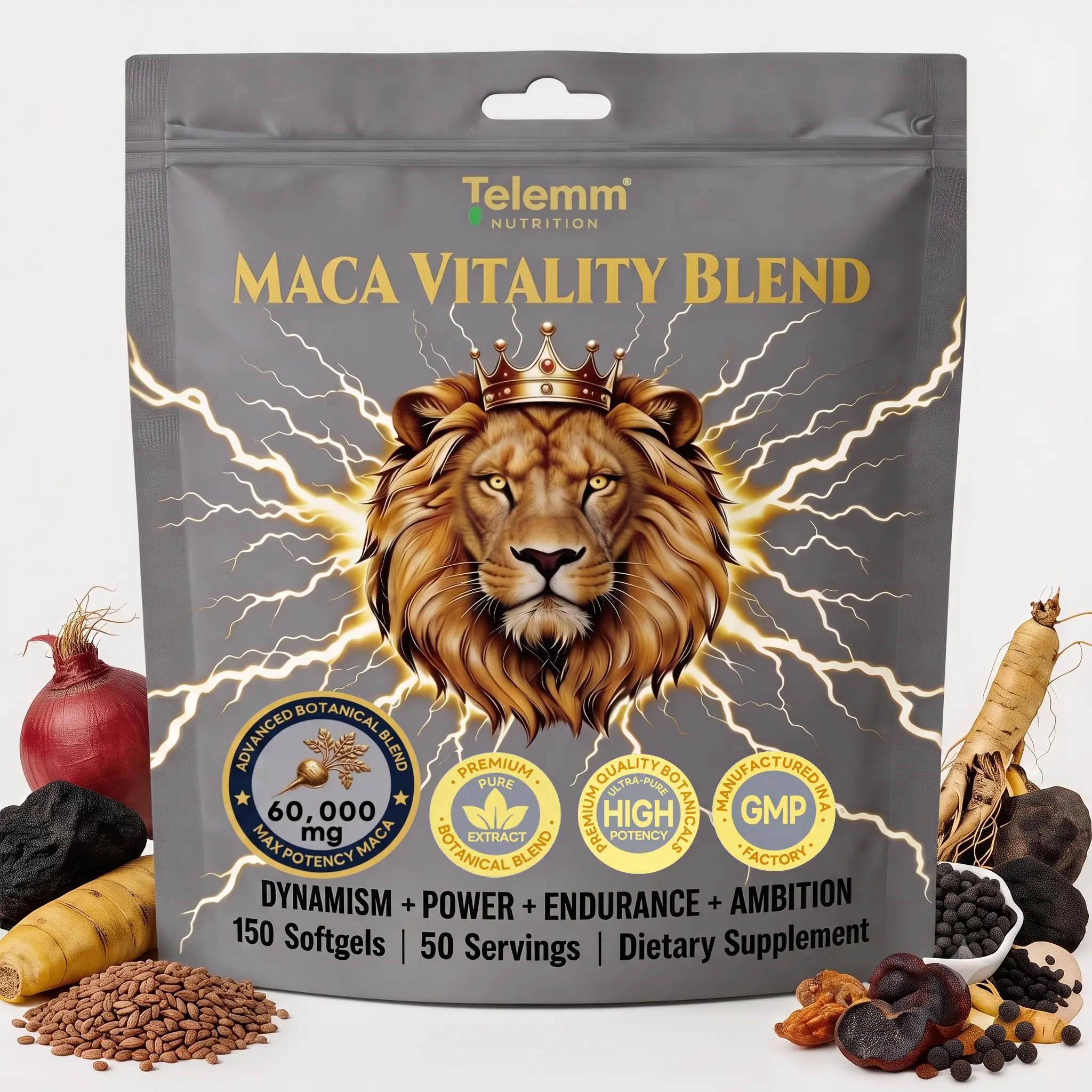 Telem Daily Maca Root Softgels,60000mg Full Spectrum Red Yellow Black Maca Blend with Shilajit,Ashwagandha,Panax Ginseng,Caffeine Free Botanical Wellness for Adult Males,150 Softgels 50 Day Supply,Allergen Free GMP Dietary Supplement
