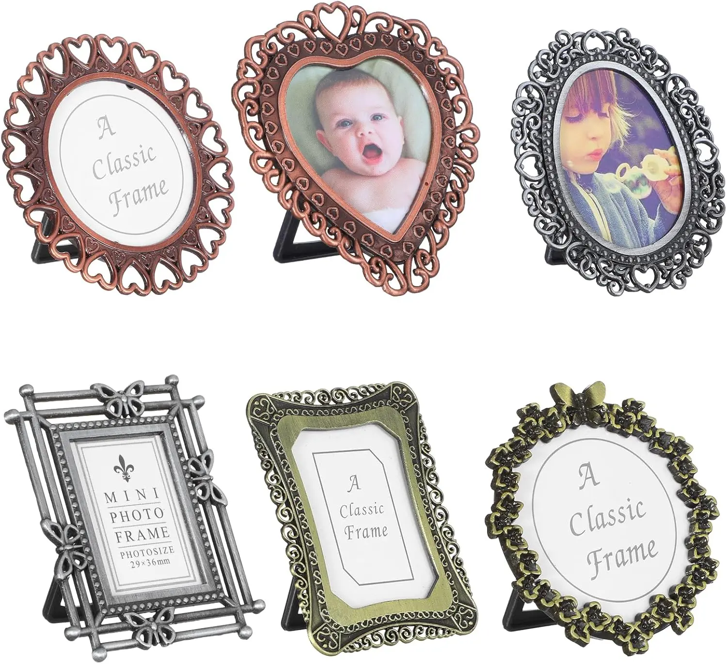 6 Pcs Mini Vintage Picture Frame, One-Inch Size Wallet Picture Frames Tiny Metal Picture Frames Antique Picture Frame for Pictures Paintings Display IANFAN
