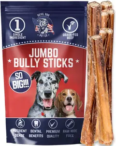 Devil Dog Pet Co Jumbo Bully Sticks Odor-Free Long-Lasting 100% Natural Grass-Fed Beef High Protein Rawhide-Free Chews for Dogs