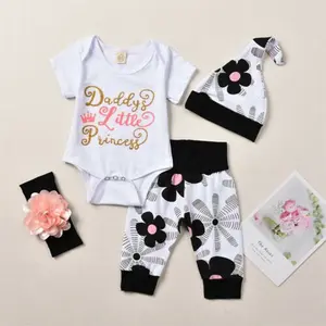 Infant Newborn Baby Girls Daddys Princess Outfits Long Sleeve Letter Printed Romper Pants Headband 4pcs Clothes Set