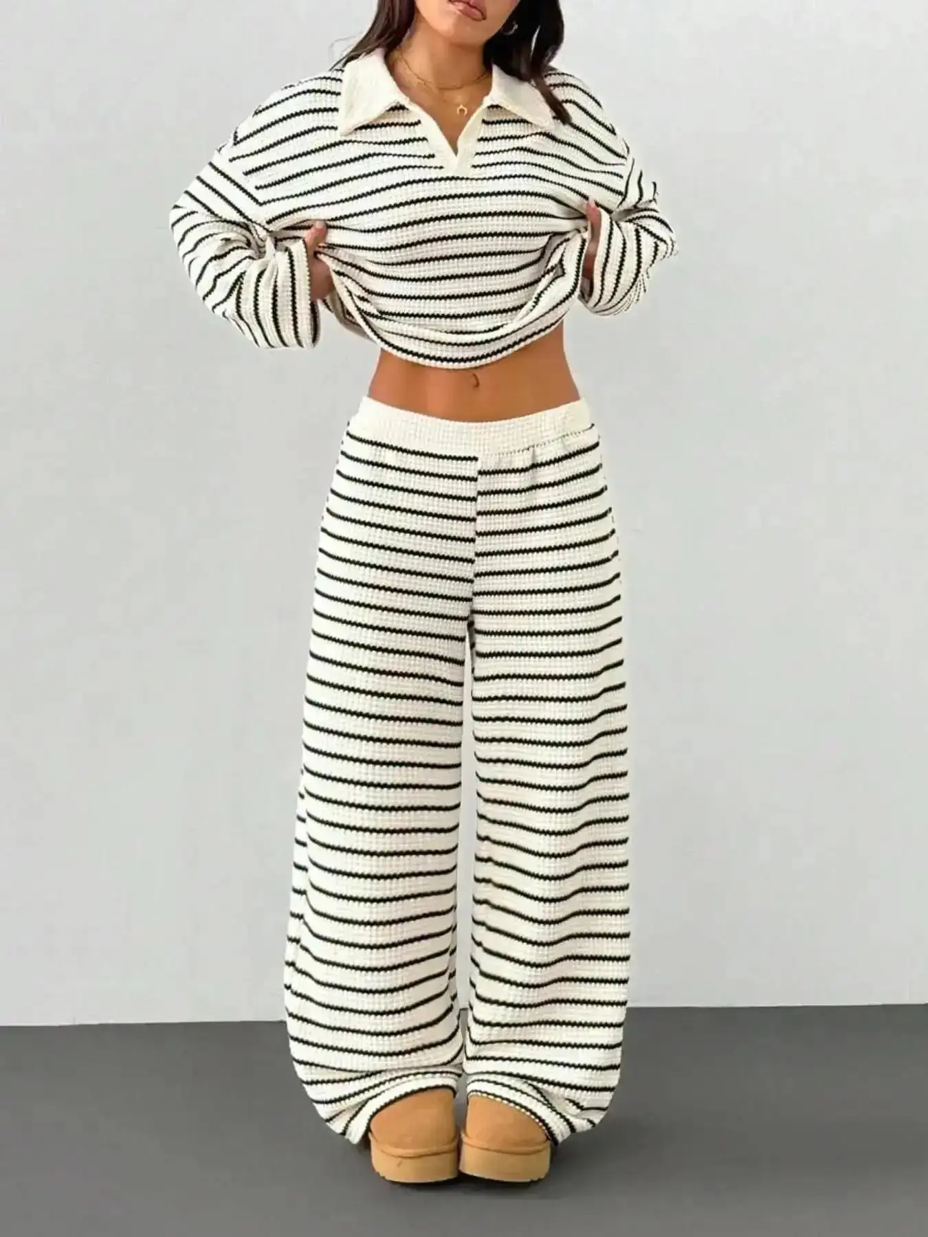 Women's Striped Textured Flare Polo Collar Set, Casual Daily Commute, Two-Piece Suit for Women, Women Ladies Fashion Clothing Apparel, Matching Two Piece Set, Trendy Coordinated Outfit