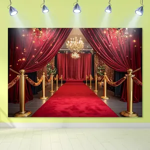 2D flat banner, 1 piece, elegant red carpet party wall decoration, equipped with golden ropes and chandeliers - professional-quality polyester background suitable for festival celebrations, weddings and formal events, party decoration, dyz