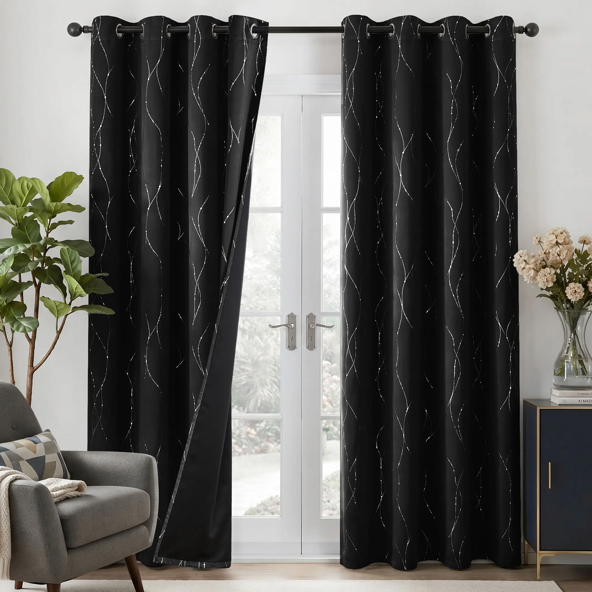 Deconovo Total Blackout Soundproof Curtains, 2 Panels with Silver Wave Dots Foil Print, Black Backing Liner, Thermal Insulated Grommet Top Window Drapes for Living Room, Bedroom