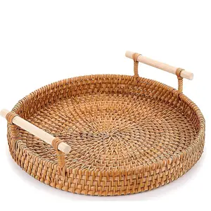 Round Rattan Tray 8.7Inch - Handwoven Wicker Tray with  Base, Cute Country Style Design, Easy to Clean - Wicker Trays for Decor, Coffee Table, Fruits, Vegetables, Bread, Restaurant & Kitchen Use