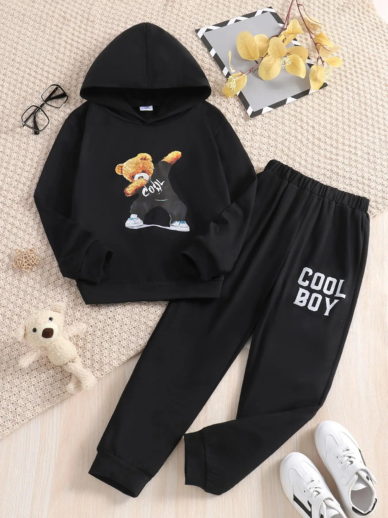 Two-piece Set Girl's Cartoon Bear Print Hooded Sweatshirt & Letter Print Elastic Waist Sweatpants Set, Casual Drop Shoulder Long Sleeve Pullover & Poc