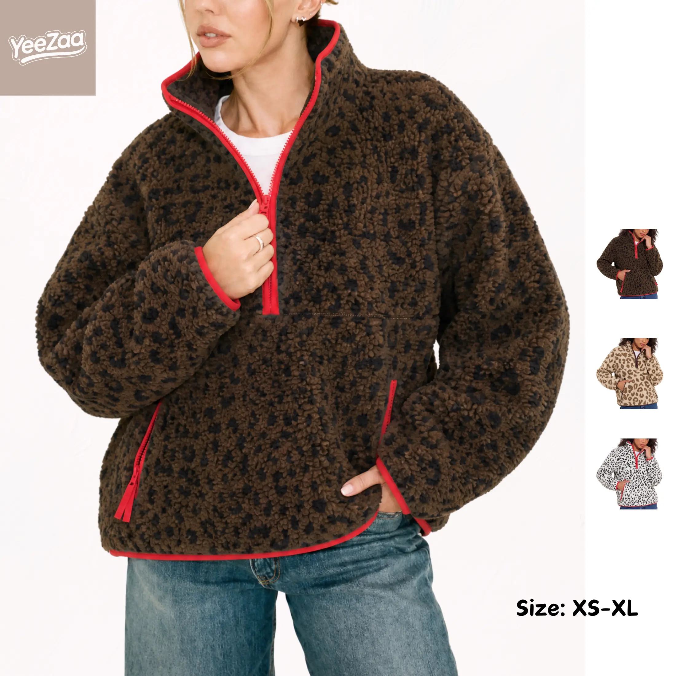 Women's Fuzzy Leopard Print Half Zip Fleece Jacket Long Sleeve Sherpa Pullover Sweatshirt Warm Fall Winter Chunky Teddy Coat Outerwear