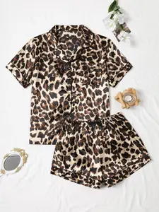 Women's Leopard Print Satin Pyjama Set, Casual Comfy Short Sleeve Pocket Shirt & Elastic Waist Shorts PJ Set, Ladies Summer Sleepwear Pajamas