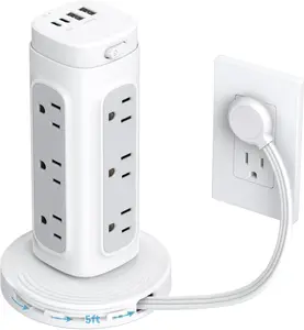 TROND Flat Plug Power Strip Tower - 5ft Retractable Extension Cord with Multiple Outlets, Surge Protector Power Strip with USB C PD 20W, 1700J Surge Protection, Office Desk Supplies, Dorm Essentials
