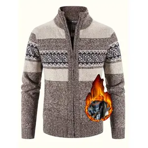 Men's Fleece-Lined Knit Sweater with Ethnic Wave Pattern - Perfect for Outdoor Hiking & Cycling, Zip Pocket Detail, Ideal Father's Day Gift