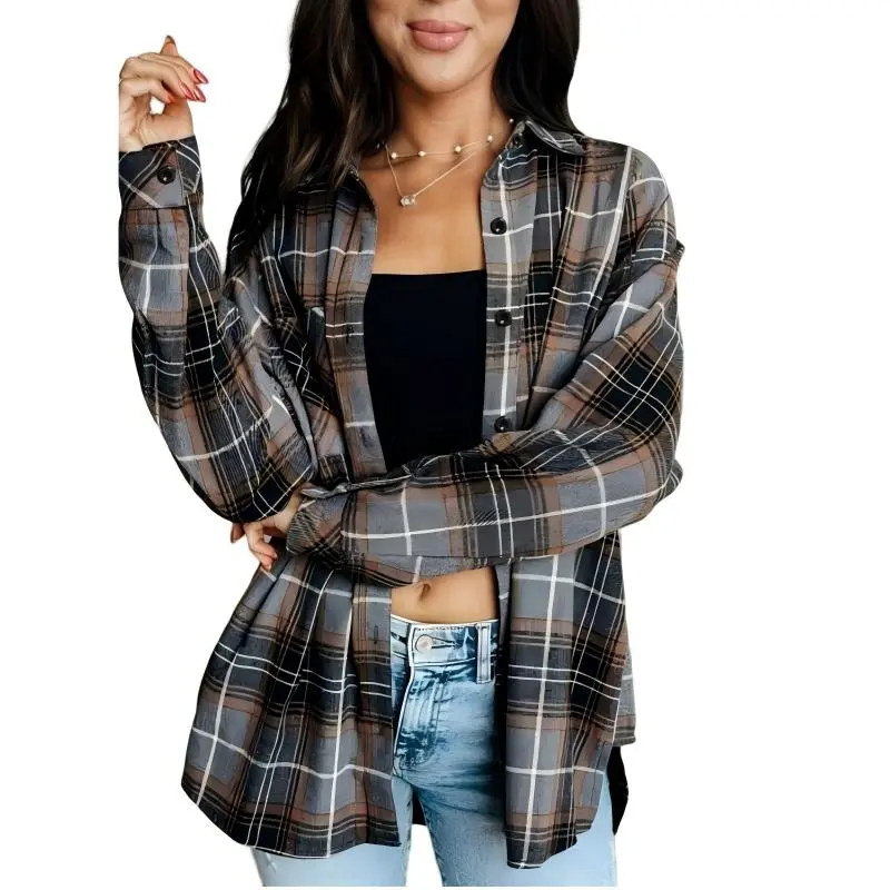 Women's Casual Plaid Flannel Shirt with Chest Pocket, Lapel Collar, Lightweight Woven Top – Soft, Comfy, Versatile for Spring Transition, Easter Outfit, Soft Girl Aesthetic, Trendy Everyday Wear