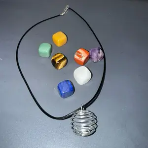 Crystal Cage Pendant Necklace + 7 Tumbled Chakra Stones Set