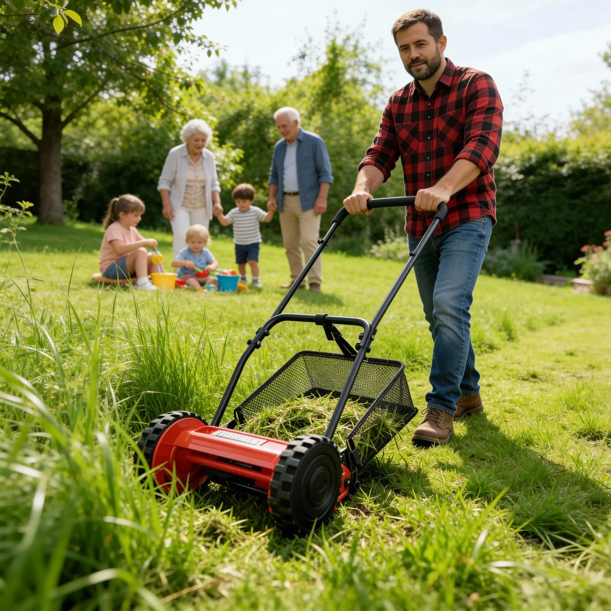 Garvee 16-Inch Cordless Push Reel Lawn Mower, Manual Walk-Behind Mower with 5-Blade Cutting System, Steel Frame, Adjustable Height, Sponge Grip Handle & 7.9-Gallon Grass Catcher