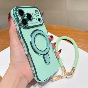 Hot-selling hardware bracket lanyard suitable for iPhone 17 Pro Max phone case, 16 Pro electroplated heart wave 15/13 shockproof case