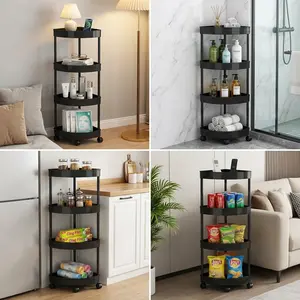 2Colors 4Tier Triangular Storage Cart with Wheels Black & White Mobile Corner Shelf for Bathroom Kitchen Narrow Space Laundry Organization Space-Saving Design with 360° Wheels & Hollow Drainage Panels - Racks, Organiser