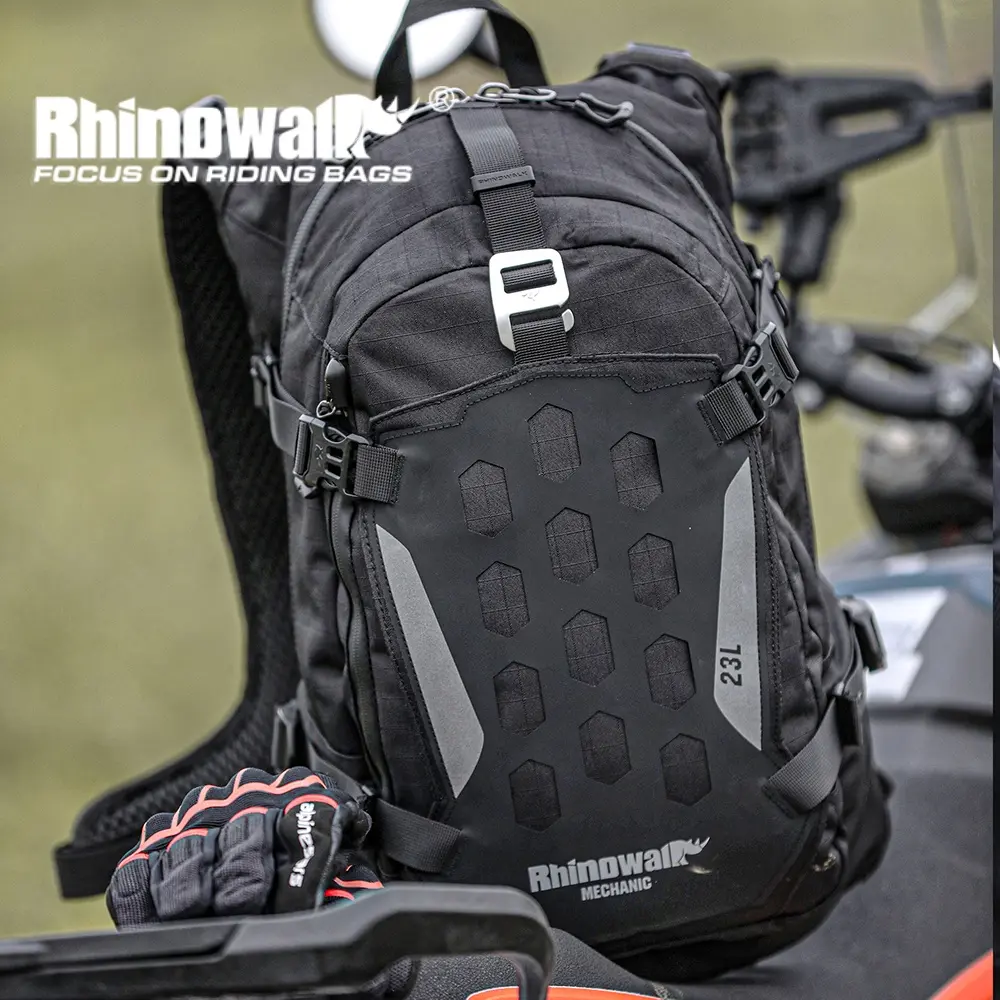 Rhinowalk 23L Motorcycle Backpack Mechanic Series MJX2005 Helmet Holder Backpack For Motorcyclist 3D Breathable Back Panel MOLLE Expandable Riding Backpack With Rain Cover 14 Inch Laptop Compartment Water Bladder Pocket