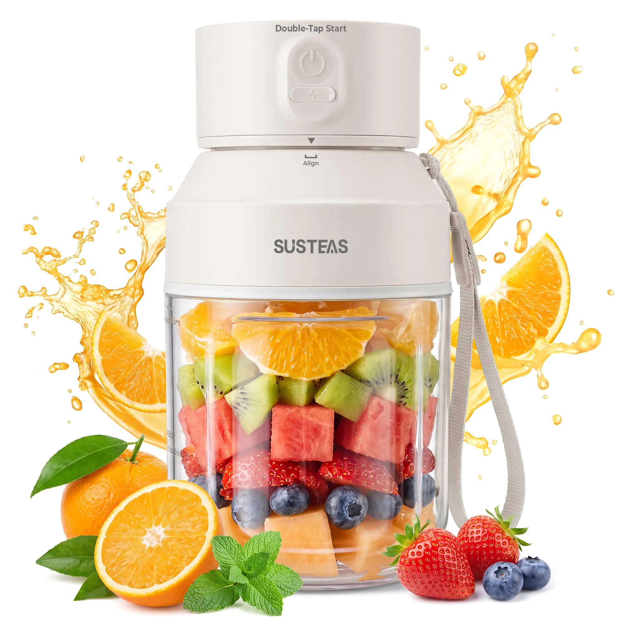 SUSTEAS 1000ML(33.8oz)Large Portable Blender Cup with Dual Lids, Juicer & Sip Lids, Adjustable Carry Strap, 60s Auto Timer , Crush Ice, Wide Mouth for Fruits, Mini Travel Smoothie Maker for Workout, Office, Car, Women & Kids