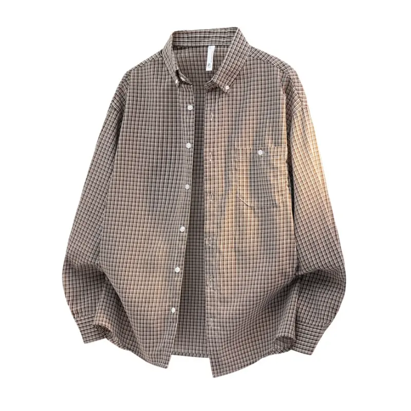 Men's Lapel Collar Long Sleeve Mini Grid Plaid Button Down Shirt, Classic Two-Tone Gradient Plaid Pattern Single Chest Patch Pocket Curved Hem Versatile Overshirt For Spring Autumn Daily Street Casual Commute Weekend Outdoor Activities