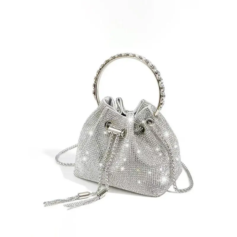 Women's Rhinestone Decorated Evening Bag with Round Top Handle, Crossbody Bag for Women, Elegant Shiny Tassel Chain Drawstring Design Shoulder Bag for Party, All-match Commuter Bag for Work & Daily Used, Ladies Purse, Mother's Day Gift