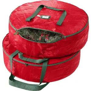 Heavy Duty 30 Inch Wreath Storage Bag 2-Pack Red Waterproof Plastic Christmas Wreath Container Holder Holds 30 Inch Wreaths For Year Round Use