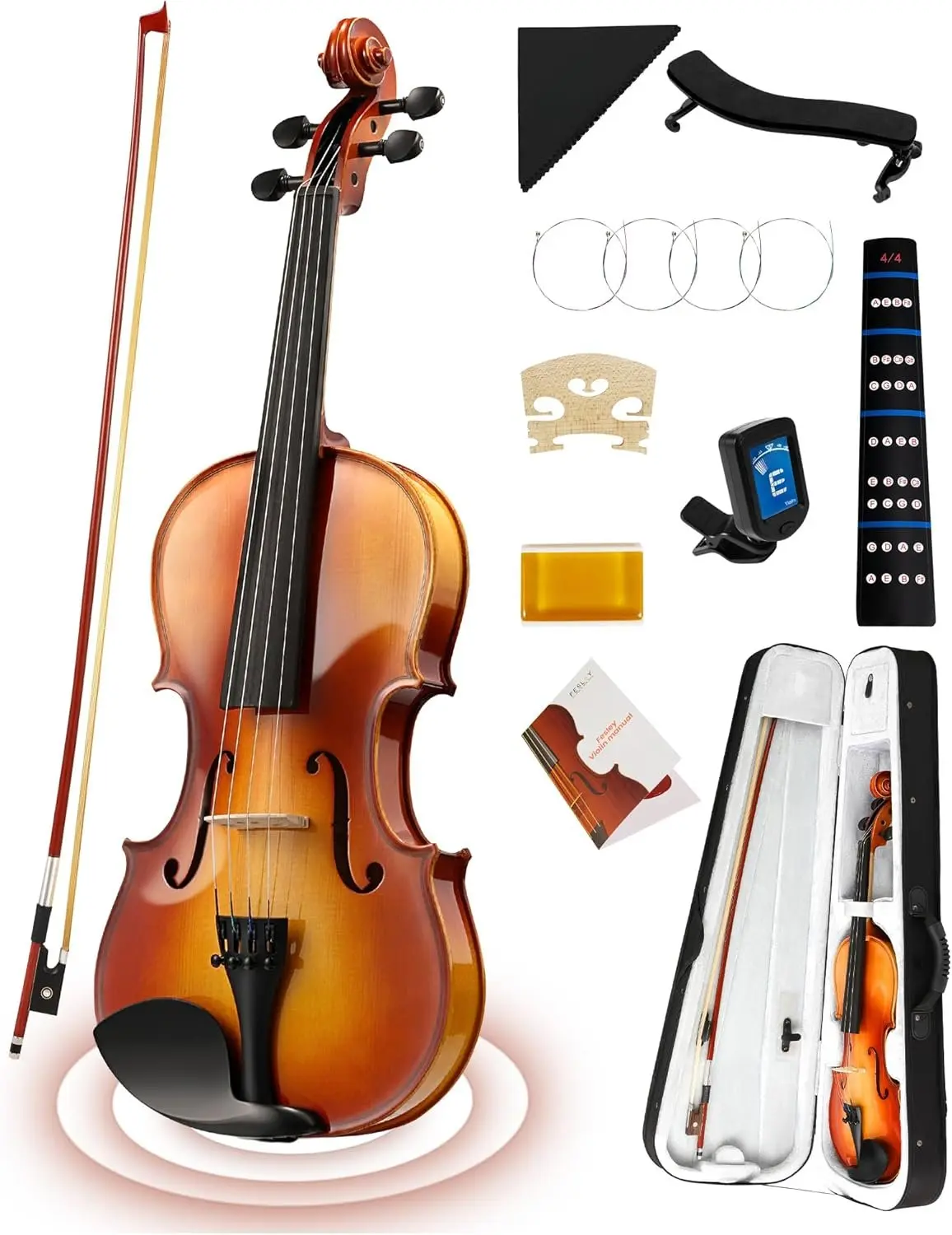 Violin Fiddle Full Set: 4/4 Polished Violin Kit for Beginners, Acoustic Violin with Hard Case, Solidwood Hand Made Starter Kit with Bow, Rosin,  Rest, Tuner, Extra Strings