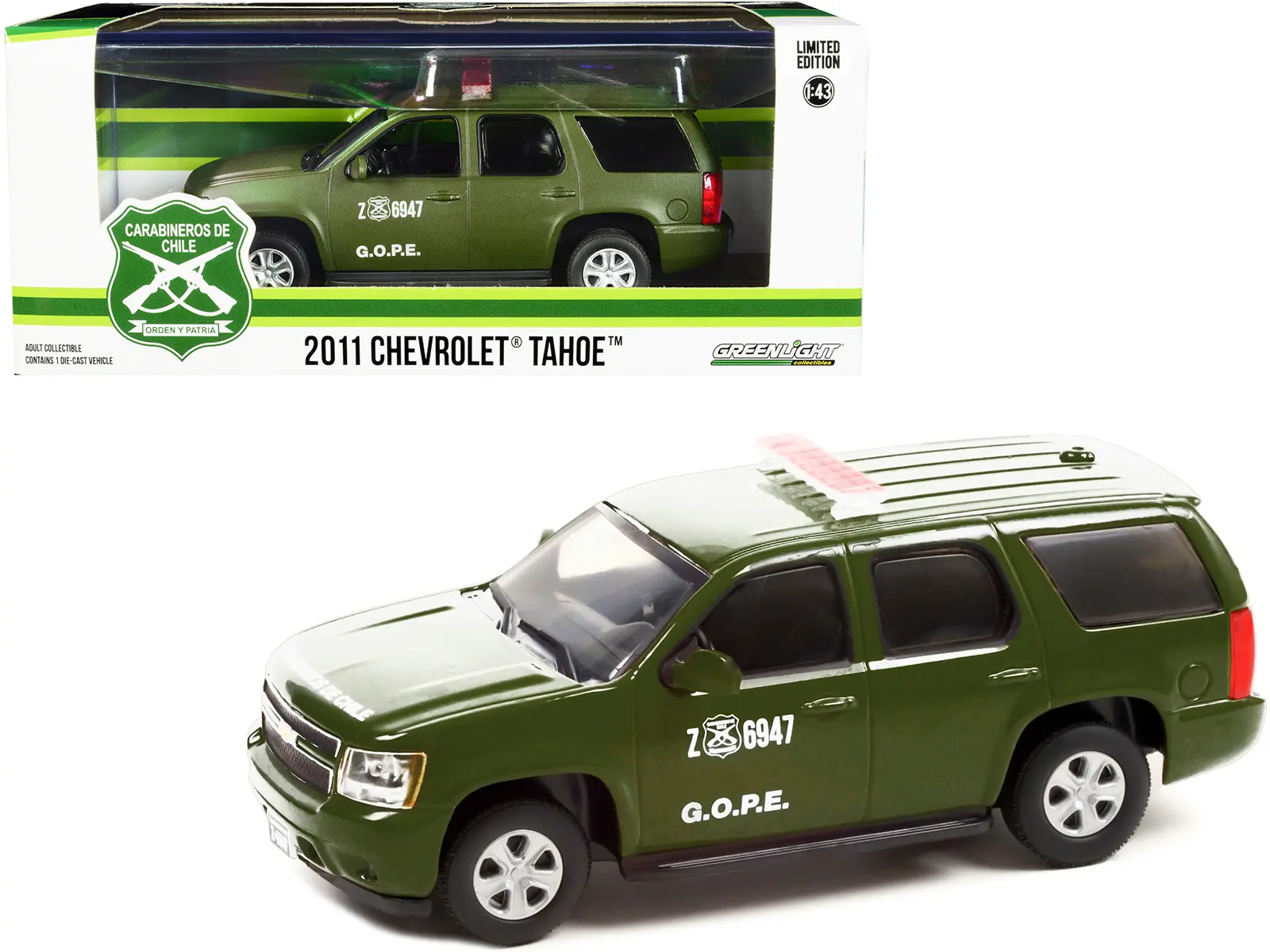 2011 Chevrolet Tahoe Police Car Matt Green "Carabineros de Chile" G.O.P.E. 1/43 Diecast Model Car by Greenlight