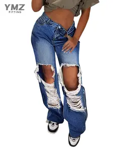Women's high-waisted ripped wide-leg jeans - slimming and flattering, a top choice for summer wear. The frayed and ripped design is stylish.