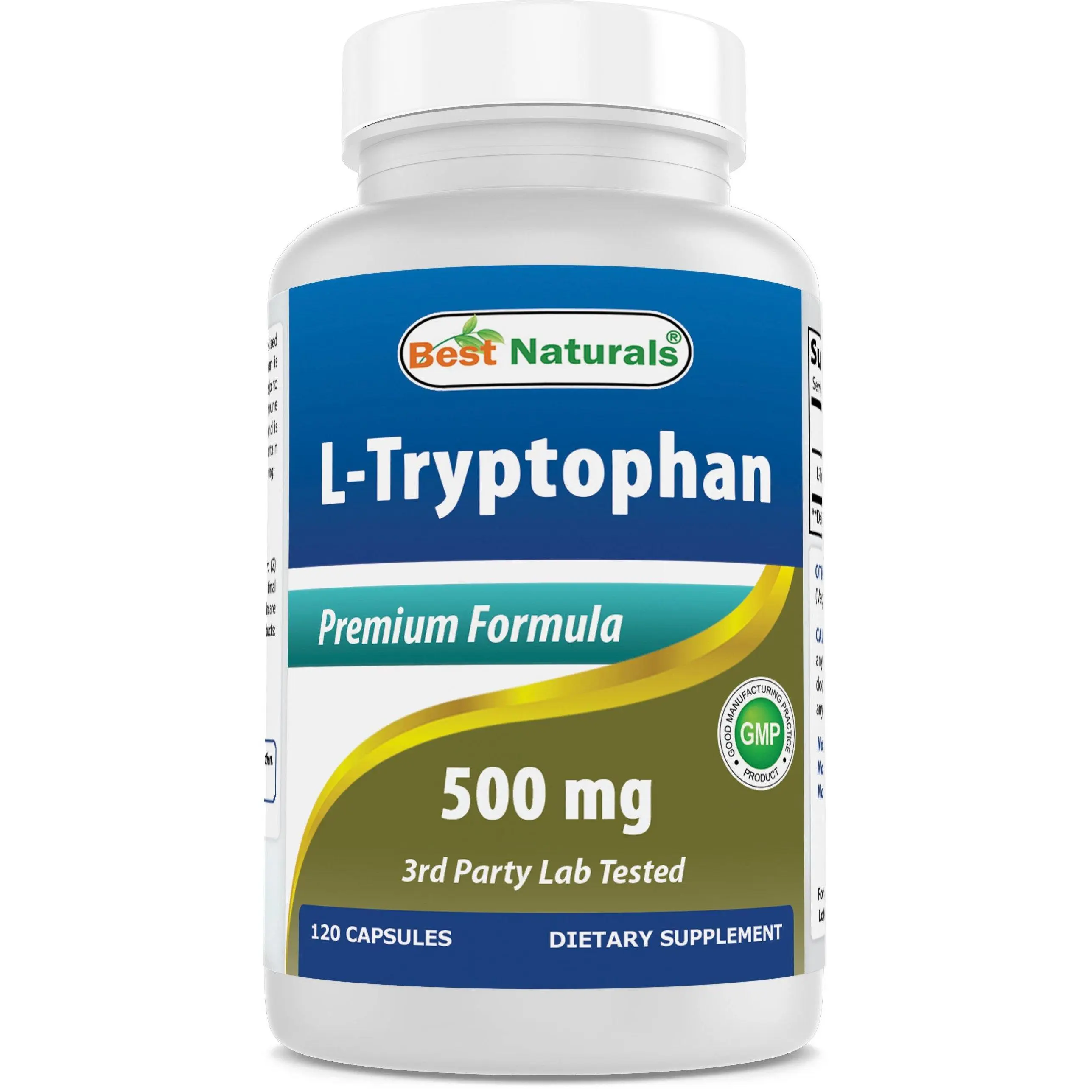 Best Naturals L-Tryptophan 500 mg 120 Capsules Premium Formula Non-GMO Gluten-Free 3rd Party Lab Tested Dietary Supplement