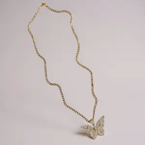 Didiray 14K Gold Plated 22-inch Cuban Link Chain with CZ Stone Filled Butterfly Pendant Hypoallergenic Luxury Finish Casual Fashion Jewelry