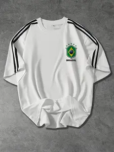 Men's Brazil Fitted Geometric Ethnic Graphic T-Shirt Long, with Brazilian Flag Design, Breathable Stretchy Stretch Knit Fabric, Casual Streetwear for All Seasons