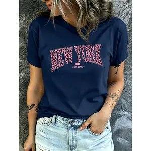 100% cotton, women's loose-fitting white T-shirt, featuring a striking pink leopard print and New York letter print, round neck, short-sleeved top, suitable for comfortable everyday wear, machine washable, a must-have for all seasons