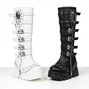 Women's Platform Knee High Gothic Boots Chunky High Heel Round Toe Lace Up Combat Punk Motorcycle Boots for Girls Black White Walking Shoes